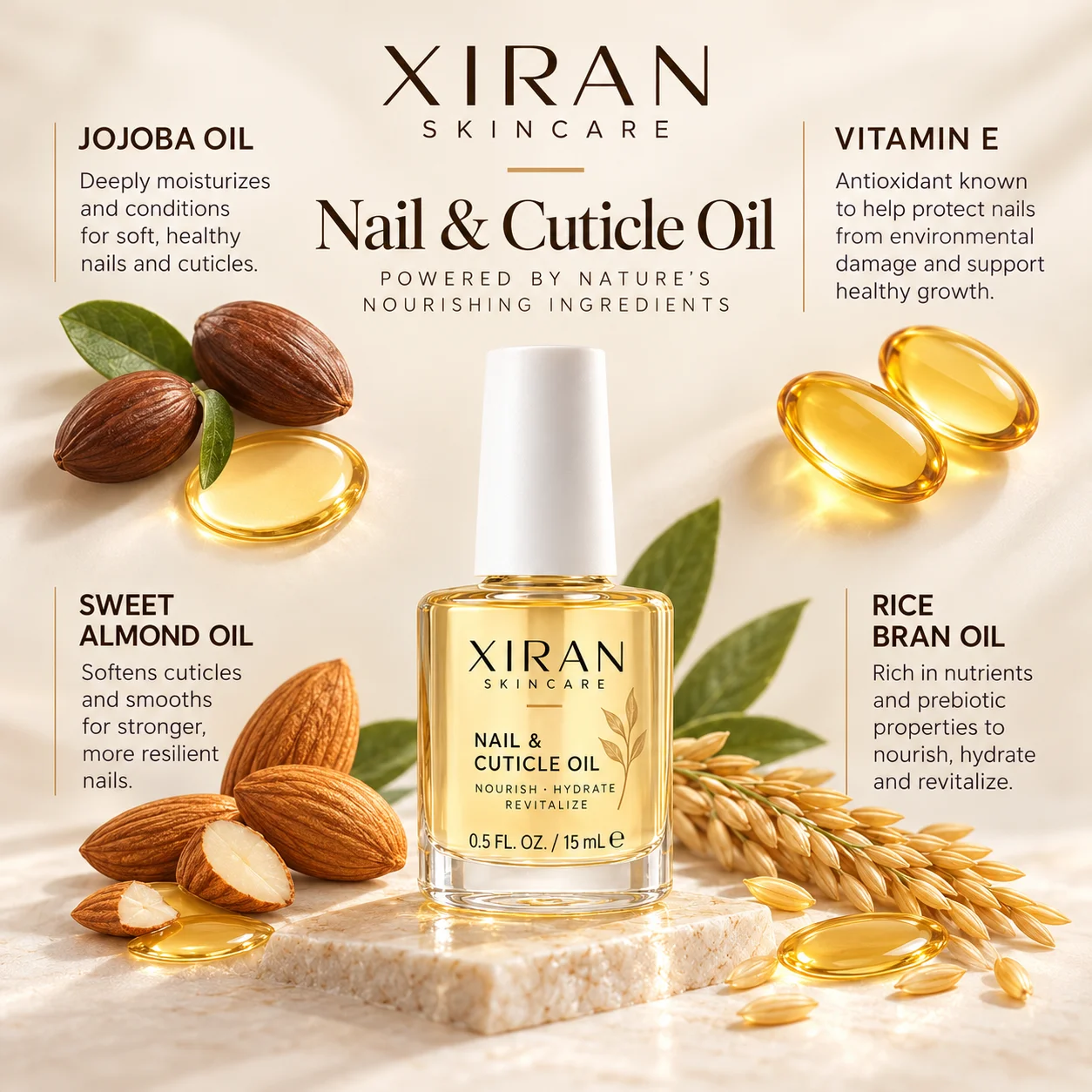 Xiran Skincare Nail & Cuticle Oil bottle displayed with key ingredients like jojoba oil, sweet almond oil, rice bran oil, and vitamin E capsules in a bright setting.